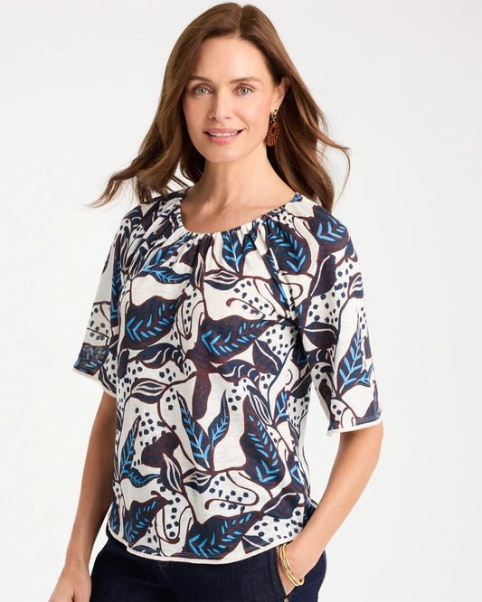 Chico's Printed Linen Fringed Tee Passport Blue