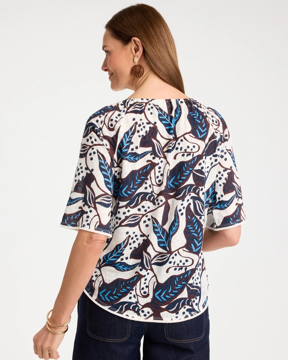 Chico's Printed Linen Fringed Tee Passport Blue