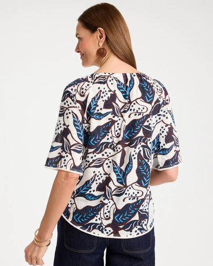 Chico's Printed Linen Fringed Tee Passport Blue