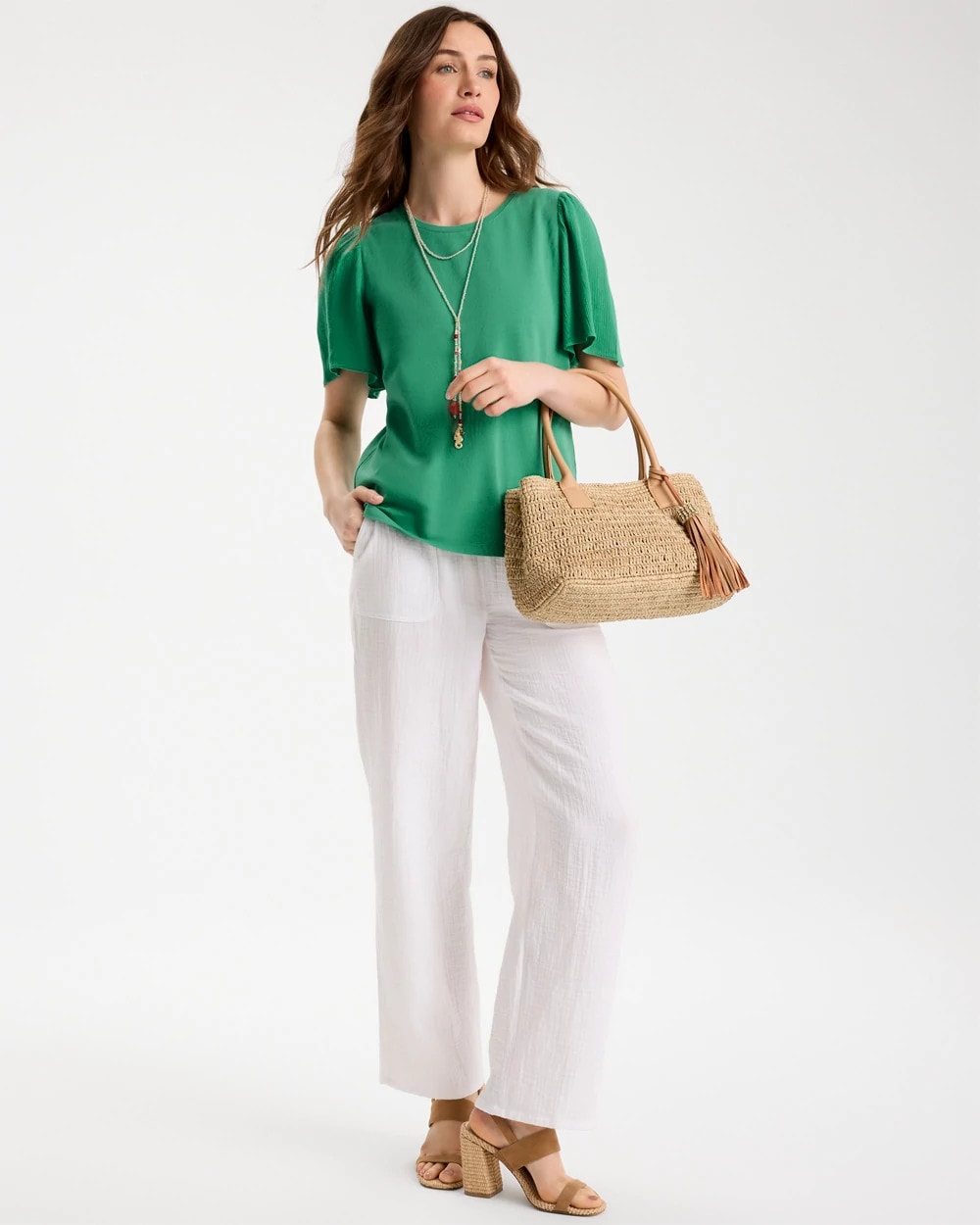Chico's Gauze Sleeve Soft-Stretch Tee Green Clover