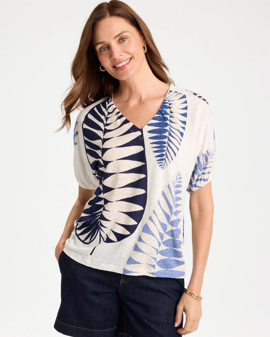 Chico's Leaf Print Linen Ruched V-Neck Tee Passport Blue