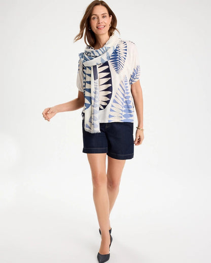 Chico's Leaf Print Linen Ruched V-Neck Tee Passport Blue