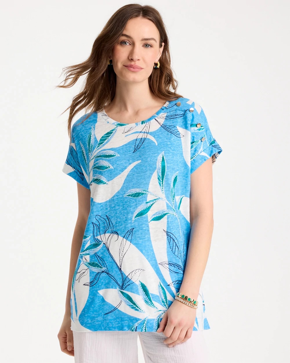Chico's Printed Linen Button Tunic Blue Tide