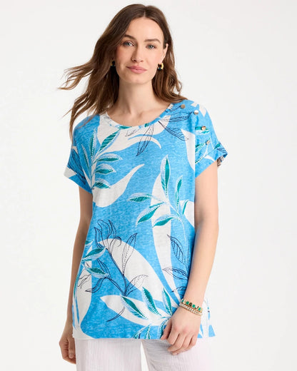 Chico's Printed Linen Button Tunic Blue Tide