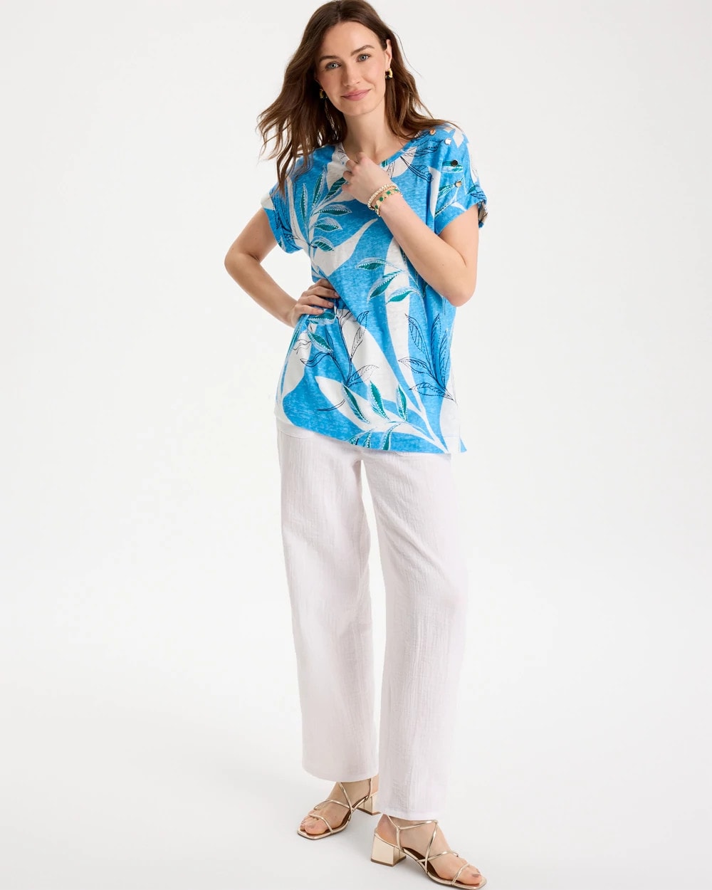 Chico's Printed Linen Button Tunic Blue Tide