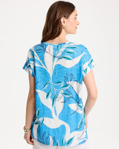 Chico's Printed Linen Button Tunic Blue Tide