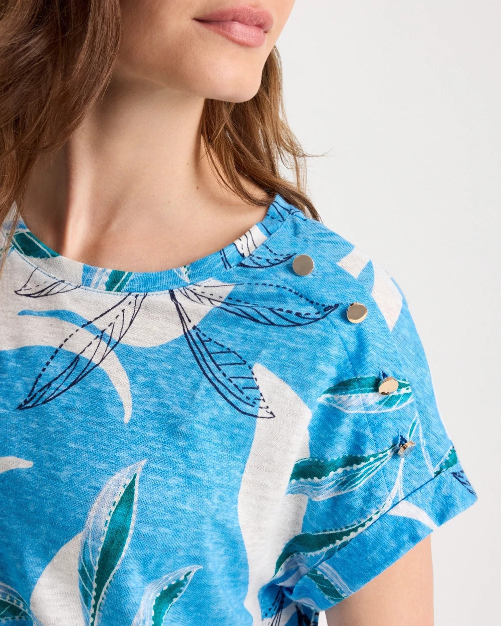 Chico's Printed Linen Button Tunic Blue Tide