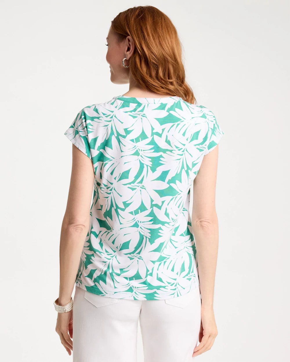 Chico's Refined Palm Button Tee Green Clover