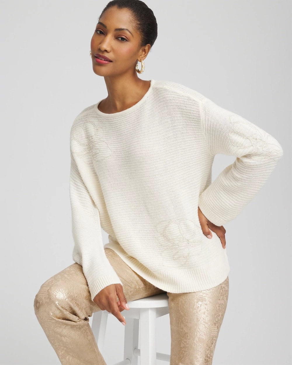 Chico's Tonal Embroidered Boatneck Pullover Sweater English Cream