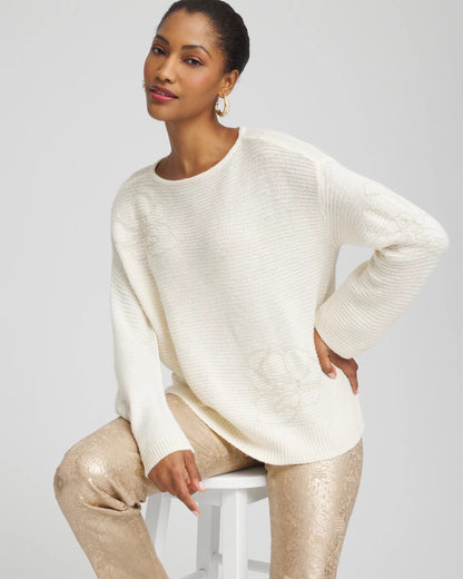 Chico's Tonal Embroidered Boatneck Pullover Sweater English Cream
