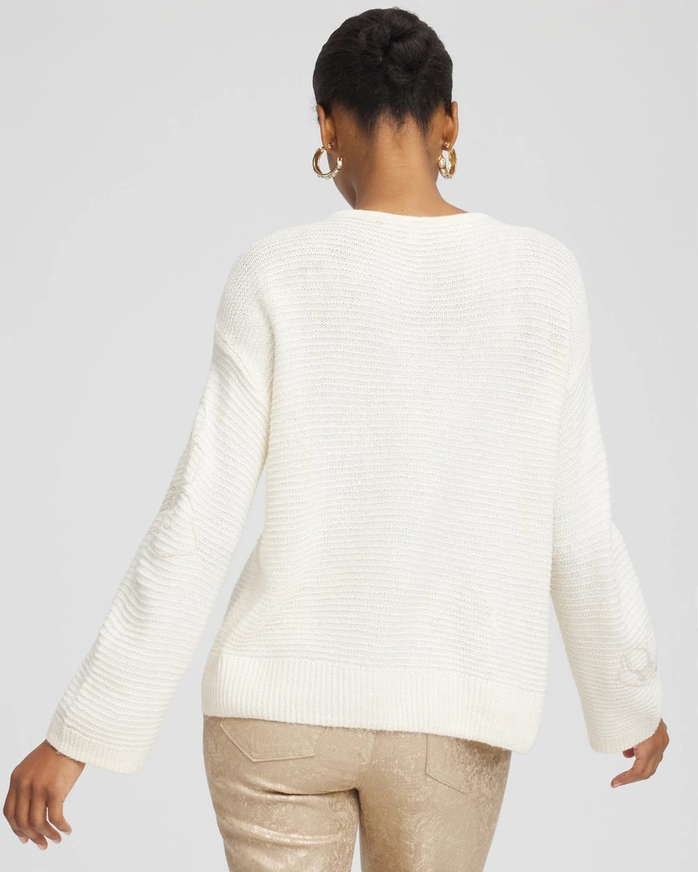 Chico's Tonal Embroidered Boatneck Pullover Sweater English Cream