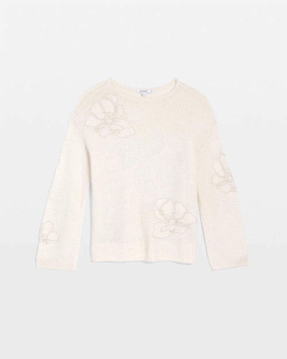 Chico's Tonal Embroidered Boatneck Pullover Sweater English Cream