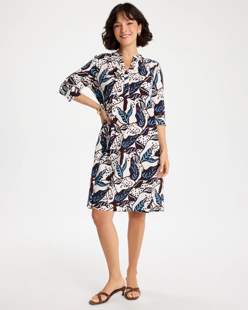 Chico's Poplin Cotton Popover Printed Dress Passport Blue