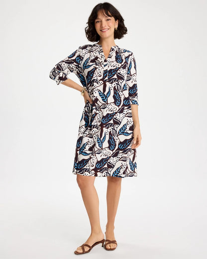 Chico's Poplin Cotton Popover Printed Dress Passport Blue
