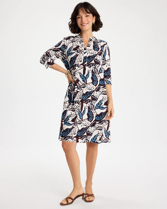 Chico's Poplin Cotton Popover Printed Dress Passport Blue