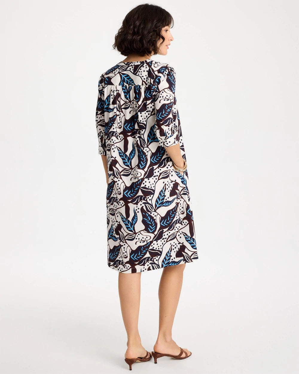 Chico's Poplin Cotton Popover Printed Dress Passport Blue