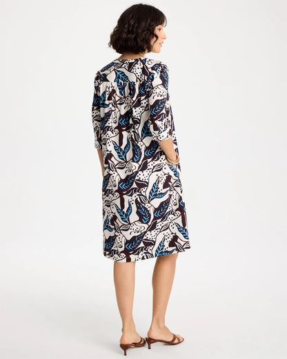 Chico's Poplin Cotton Popover Printed Dress Passport Blue