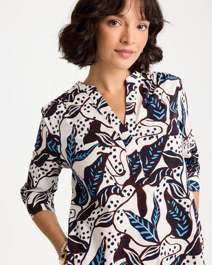 Chico's Poplin Cotton Popover Printed Dress Passport Blue