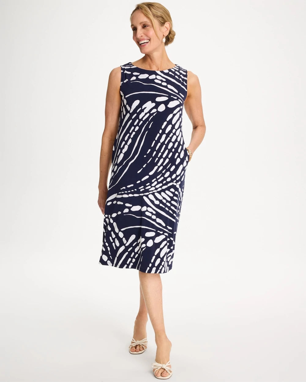 Chico's Jersey Knit Printed Shift Dress Passport Blue