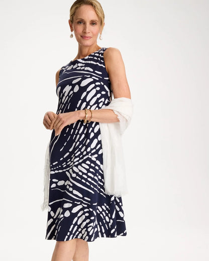 Chico's Jersey Knit Printed Shift Dress Passport Blue