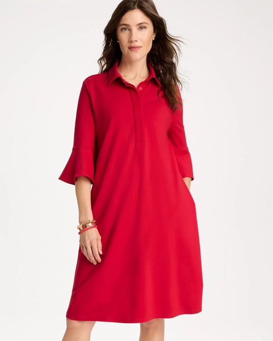 Chico's Ponte Knit Flounce Sleeve Dress Cherry Lush