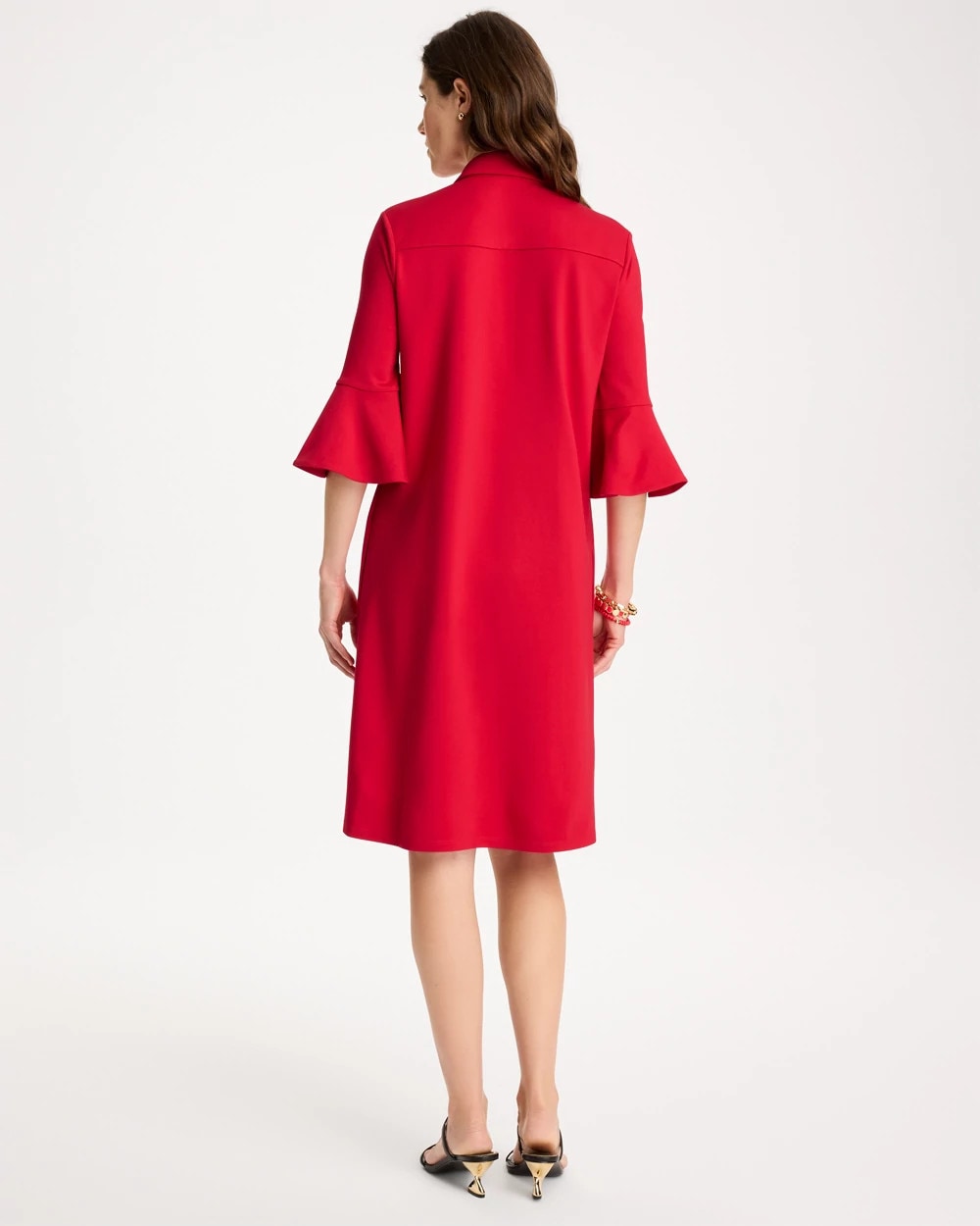 Chico's Ponte Knit Flounce Sleeve Dress Cherry Lush