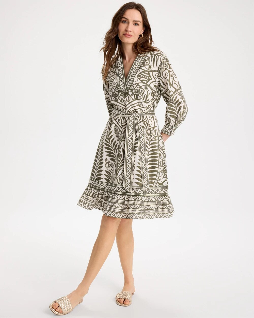 Chico's Printed Cotton-Linen Belted Dress Kelp Forest