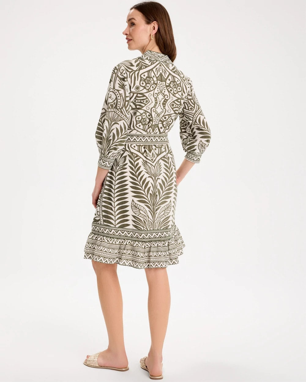 Chico's Printed Cotton-Linen Belted Dress Kelp Forest