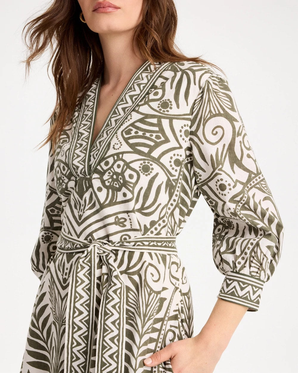 Chico's Printed Cotton-Linen Belted Dress Kelp Forest