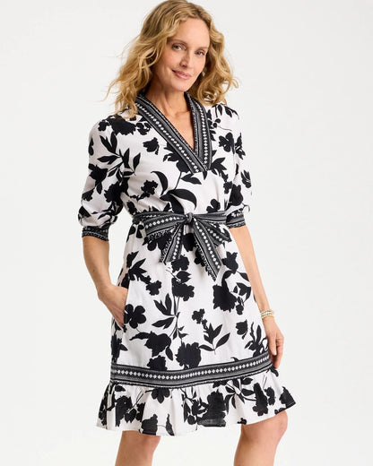 Chico's Floral Cotton-Linen Belted Dress Black