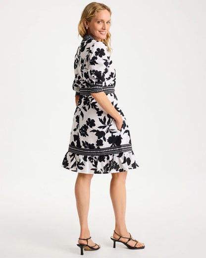 Chico's Floral Cotton-Linen Belted Dress Black