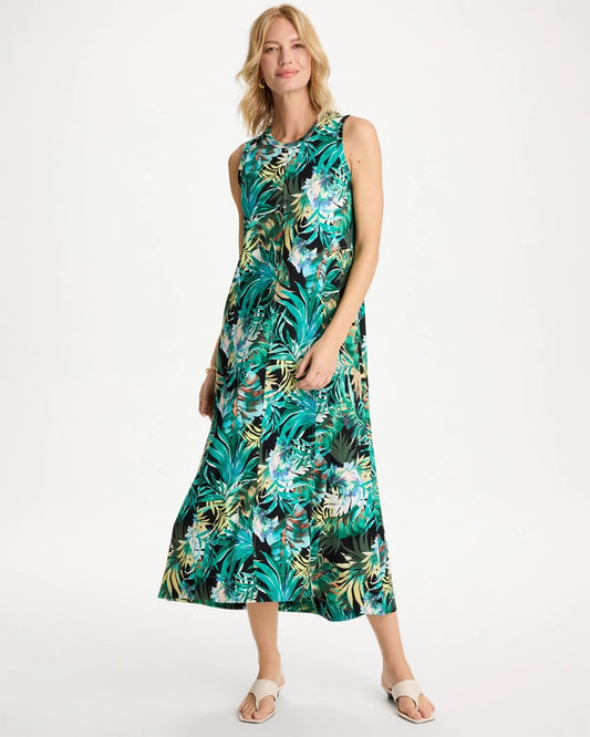 Chico's Palm Printed Knit Maxi Dress Topanga Green