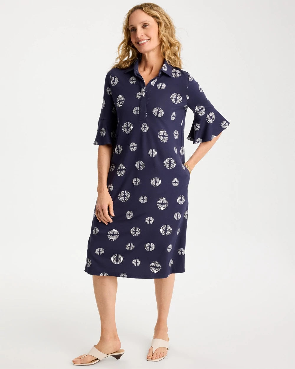 Chico's Printed Ponte Flounce Sleeve Dress Passport Blue