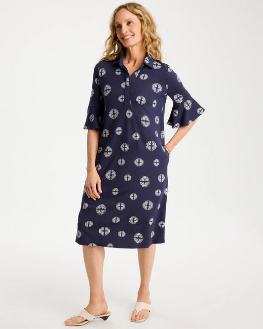 Chico's Printed Ponte Flounce Sleeve Dress Passport Blue