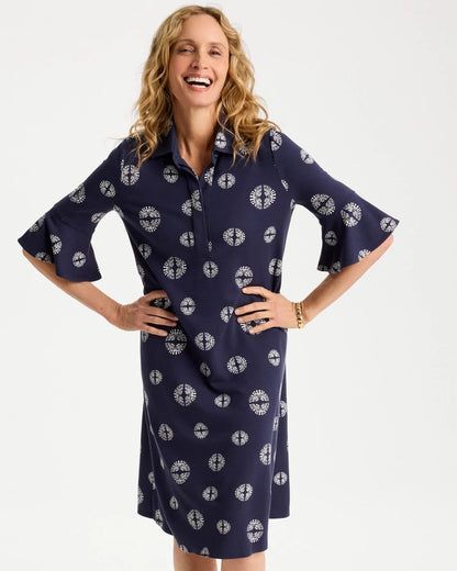 Chico's Printed Ponte Flounce Sleeve Dress Passport Blue