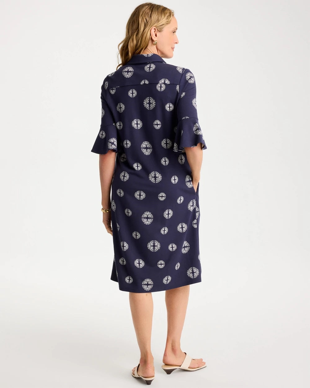 Chico's Printed Ponte Flounce Sleeve Dress Passport Blue
