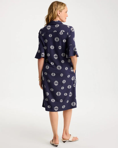 Chico's Printed Ponte Flounce Sleeve Dress Passport Blue