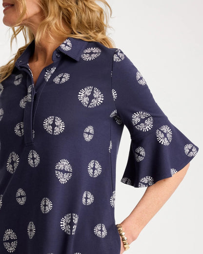 Chico's Printed Ponte Flounce Sleeve Dress Passport Blue