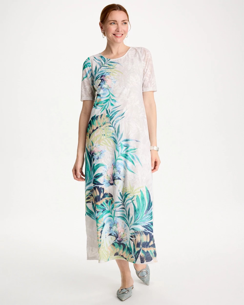 Chico's Jersey Knit Tropical Maxi Dress Alabaster