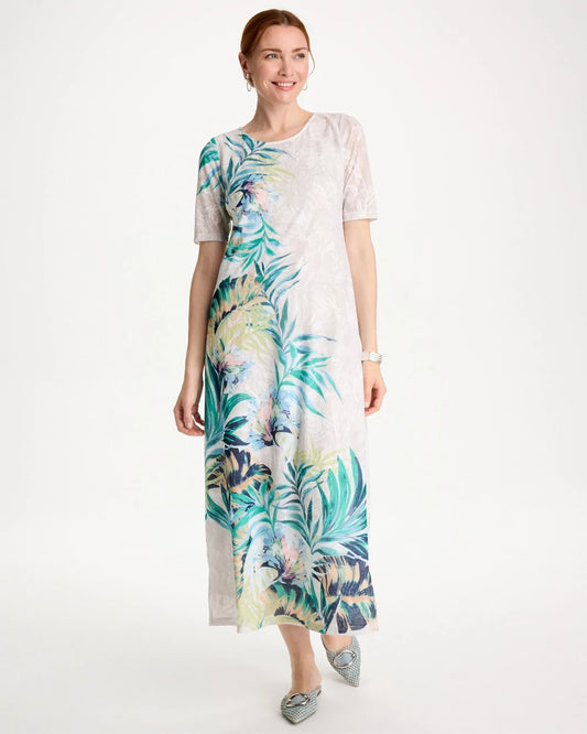 Chico's Jersey Knit Tropical Maxi Dress Alabaster