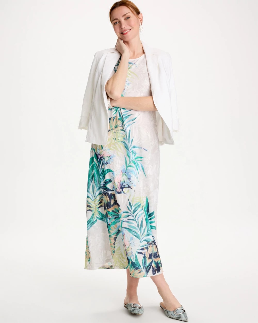 Chico's Jersey Knit Tropical Maxi Dress Alabaster