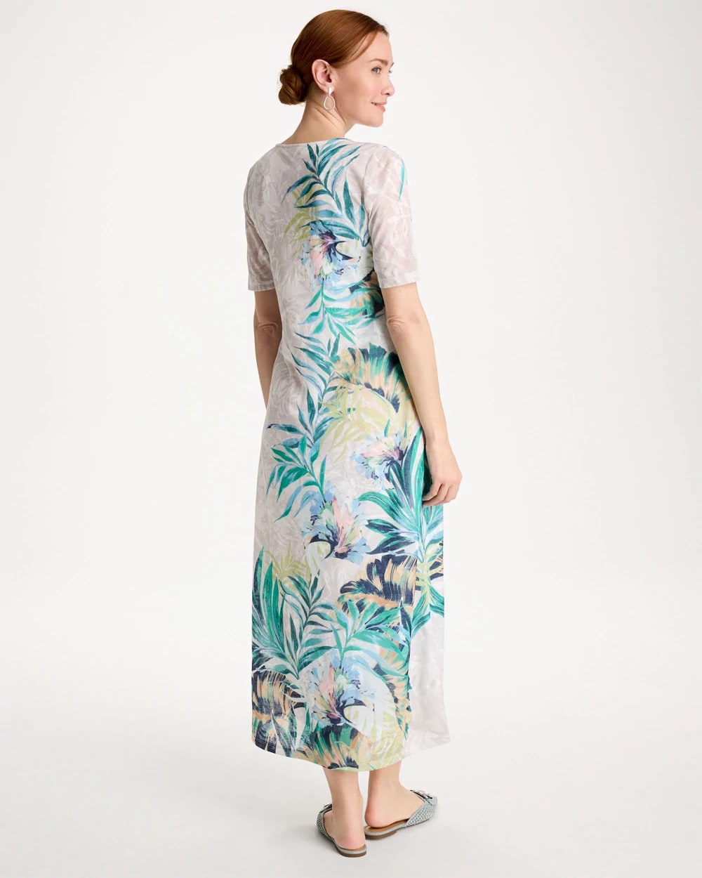 Chico's Jersey Knit Tropical Maxi Dress Alabaster