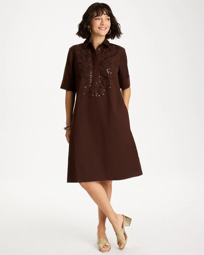 Chico's Embellished Linen Popover Dress Deep Brown