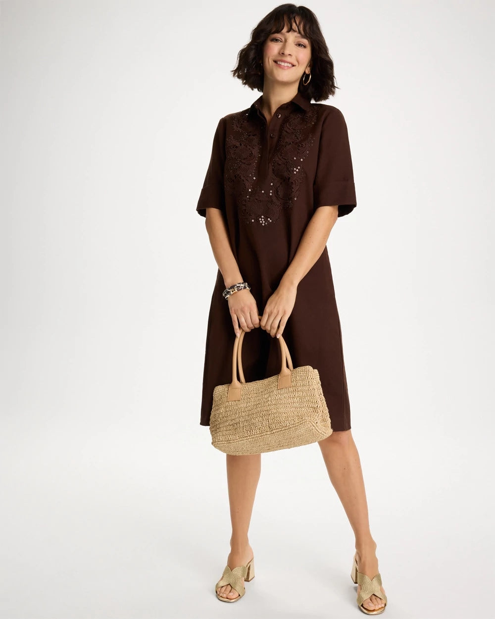 Chico's Embellished Linen Popover Dress Deep Brown