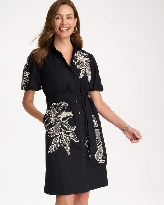 Chico's Embroidered Poplin Cotton Belted Dress Black