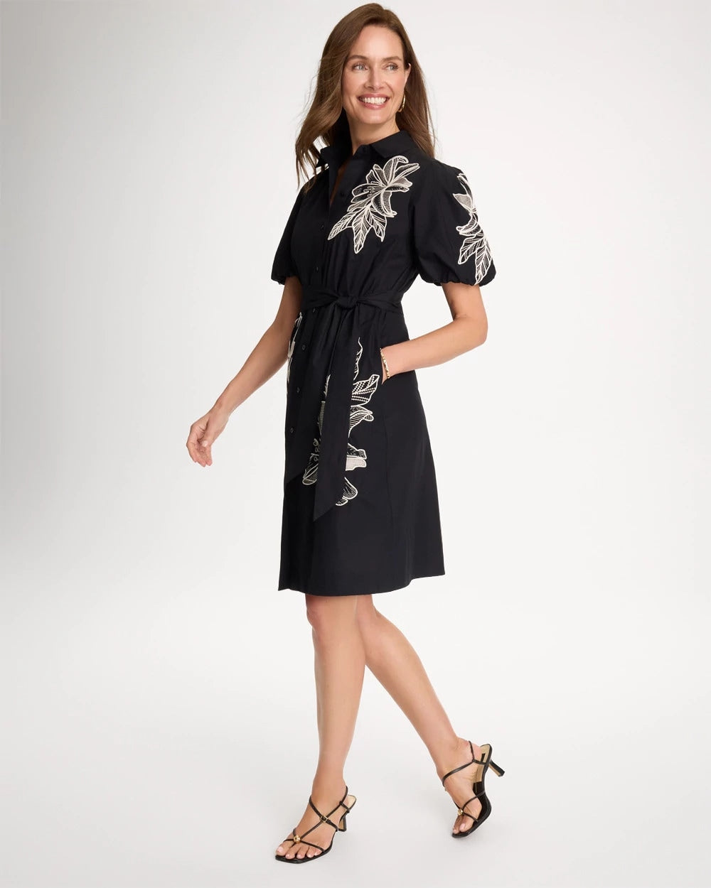 Chico's Embroidered Poplin Cotton Belted Dress Black