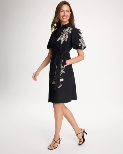 Chico's Embroidered Poplin Cotton Belted Dress Black