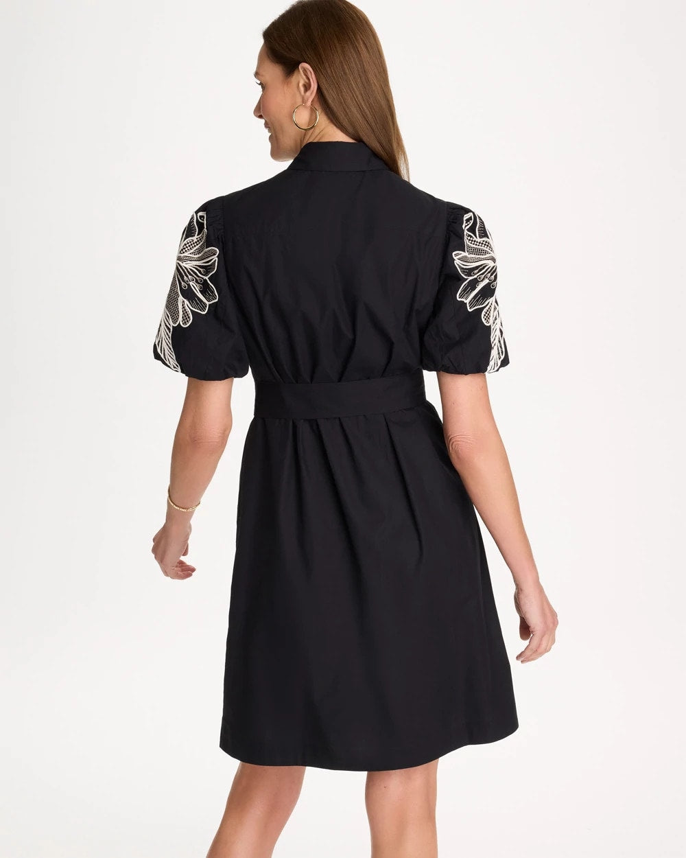 Chico's Embroidered Poplin Cotton Belted Dress Black
