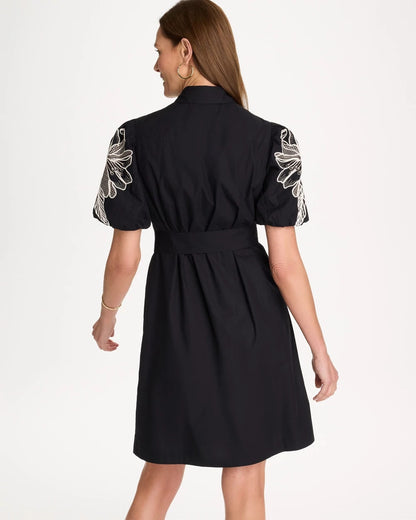 Chico's Embroidered Poplin Cotton Belted Dress Black