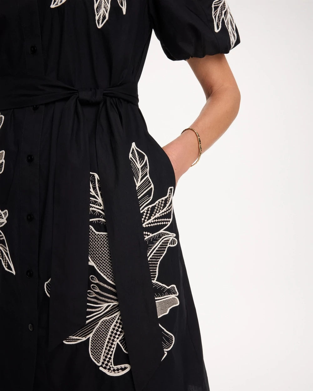 Chico's Embroidered Poplin Cotton Belted Dress Black